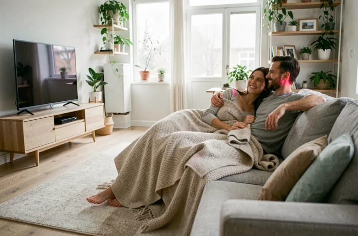Couple partageant une couverture sur un canapé pour une soirée télévision romantique et détendue