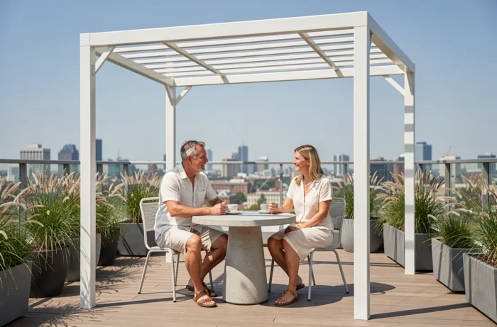 Couple profitant de leur terrasse sous une pergola aluminium blanc 4x3 sur un rooftop urbain
