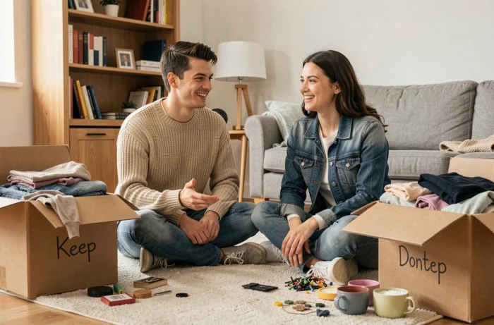 Couple triant des objets à revendre en seconde main pour économiser et désencombrer leur appartement