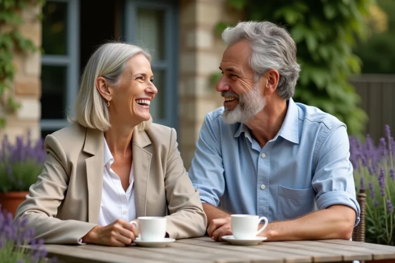 Couple élégant partageant un moment complice sur une terrasse de campagne française
