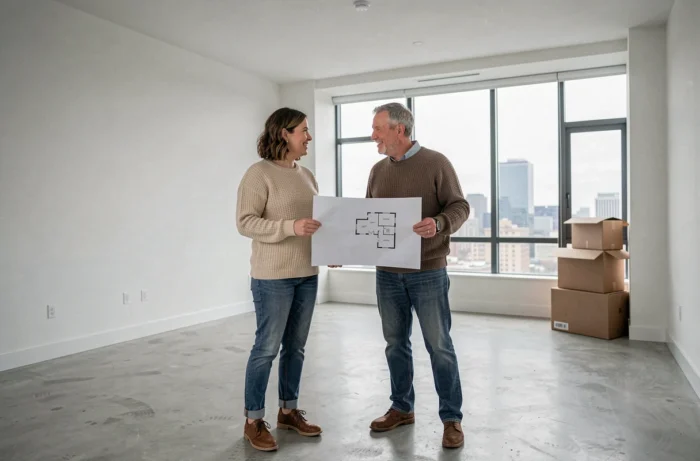 Couple visitant un appartement vide lors d'une recherche de location immobilière