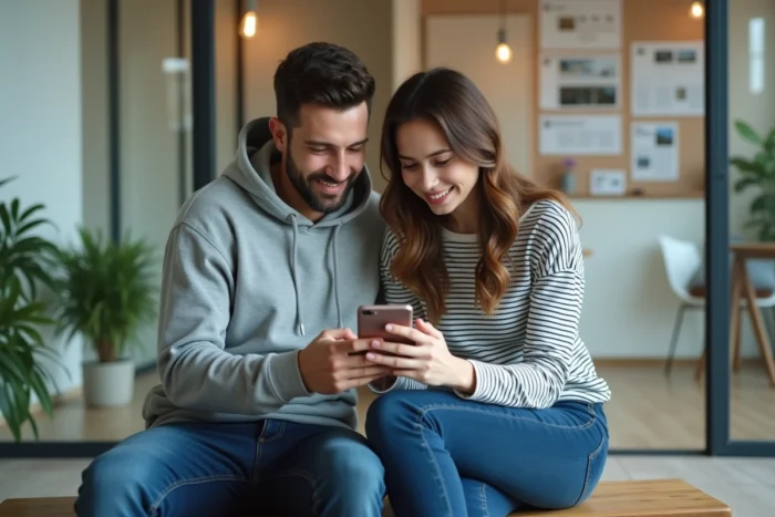 Jeune couple explorant une visite virtuelle immobilière à 360 degrés sur smartphone dans une agence immobilière moderne