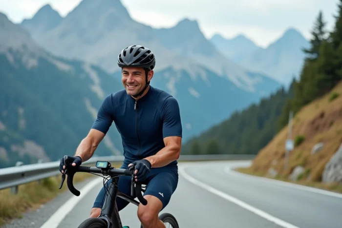 Cycliste masculin en maillot navy faisant une pause au sommet d'un col de montagne avec panorama alpin en arrière-plan