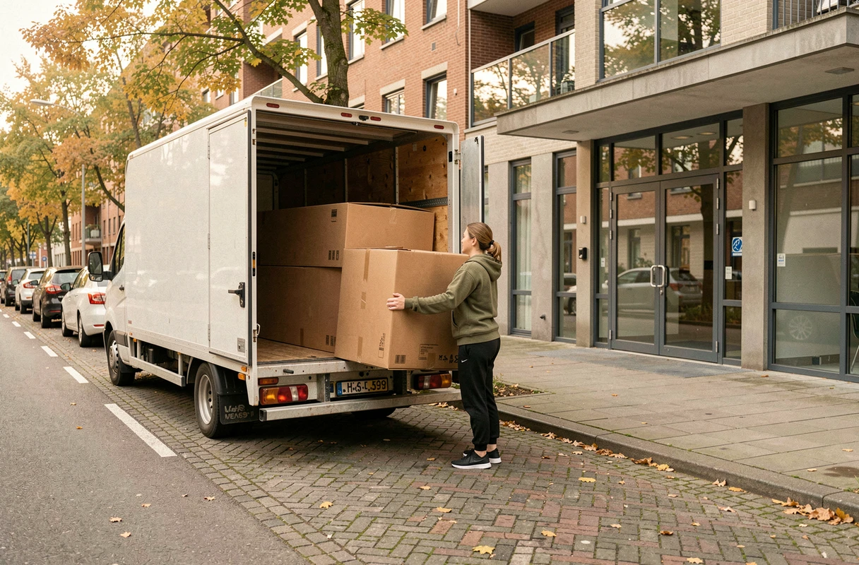 Femme déchargeant un canapé emballé d'un camion de location blanc devant un immeuble résidentiel, illustrant le retour de livraison avec le service camion Conforama