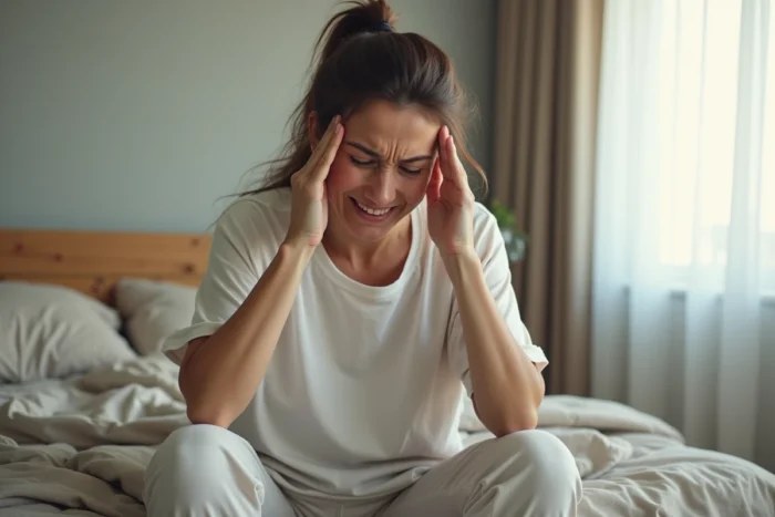 Femme d'une quarantaine d'années assise sur son lit, les mains sur les tempes, exprimant une douleur due à des décharges électriques dans la tête