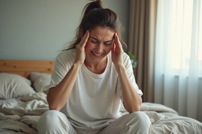 Femme d'une quarantaine d'années assise sur son lit, les mains sur les tempes, exprimant une douleur due à des décharges électriques dans la tête