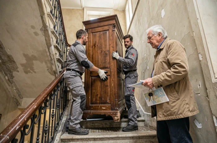 Déménageurs professionnels aidant un retraité SNCF à transporter ses meubles dans un immeuble haussmannien