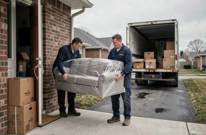 Deux déménageurs professionnels transportant un canapé emballé hors d'une maison vers un camion de déménagement
