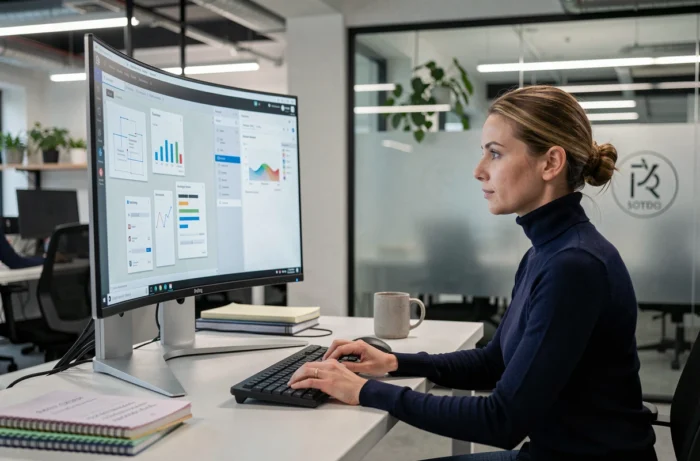 Designer UX de D'clic Lab travaillant sur des wireframes et visualisations de données dans un studio technologique moderne
