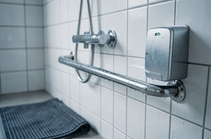 Détail d'une barre d'appui et d'une pomme de douche dans une cabine PMR de salle de sport moderne