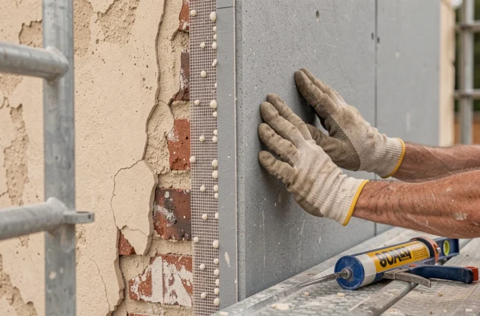 Détail de pose de panneau isolant sur une façade de maison belge par un artisan en gros plan