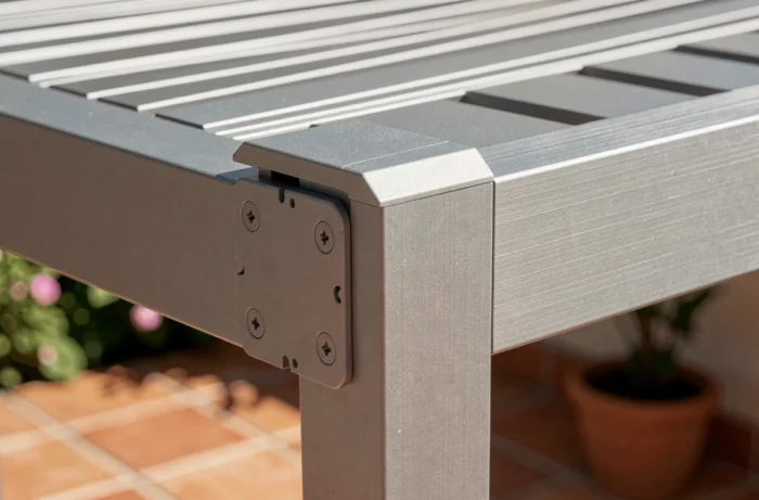 Détail de la structure en aluminium d'une pergola 4x3 avec assemblage de poutres et lamelles orientables