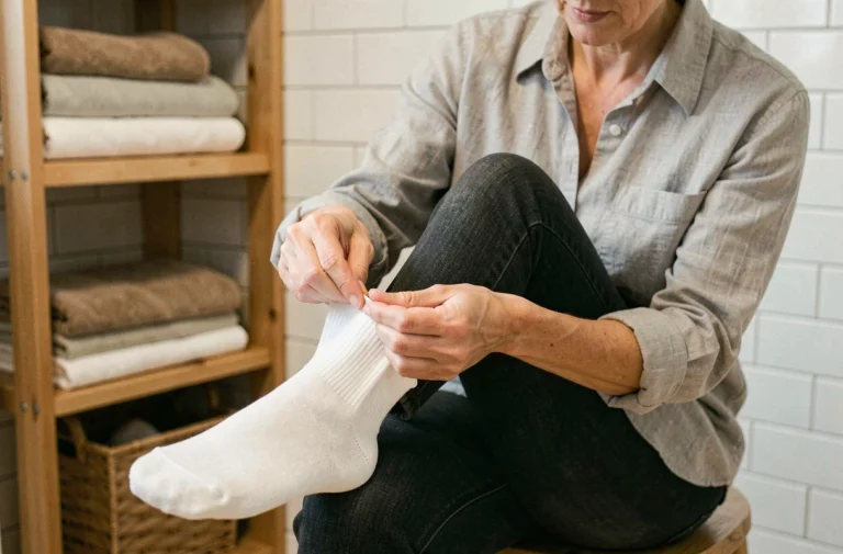Femme étirant délicatement l'élastique d'une chaussette blanche en coton entre ses mains dans une salle de bain chaleureuse en bois et carrelage blanc