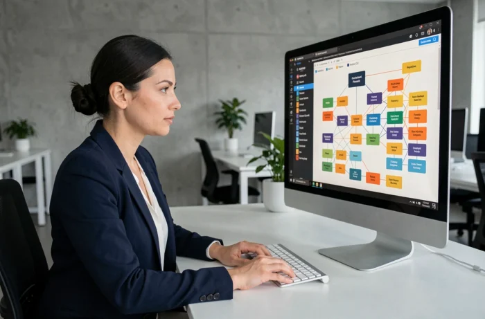 Développeuse analysant un schéma de base de données sur un grand écran dans un bureau moderne