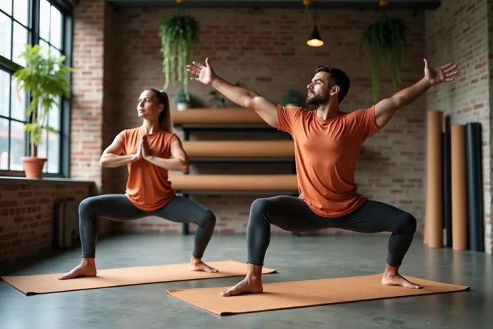 Duo de pratiquants de yoga en tenue de sport coordonnée dans un studio moderne avec briques apparentes et grandes fenêtres industrielles