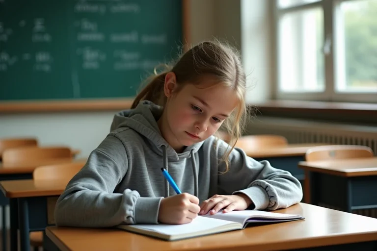 Élève de 4e concentrée en train d'écrire une rédaction dans son cahier en classe