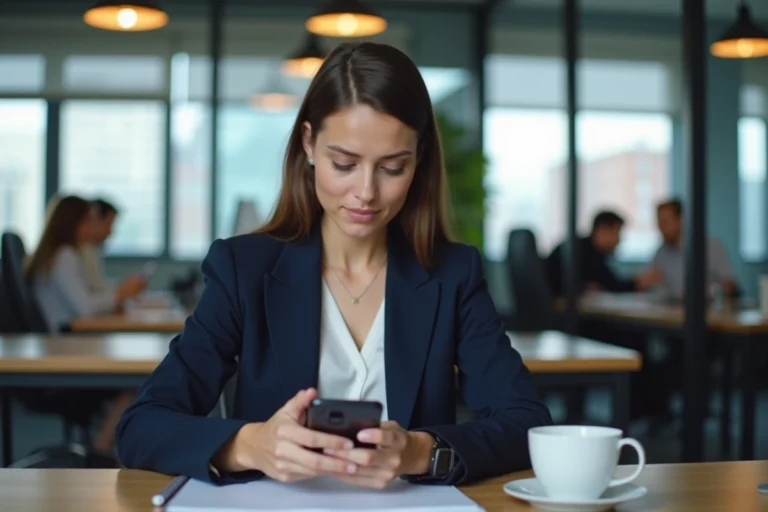 Employée québécoise consultant discrètement son téléphone personnel au bureau dans un environnement de travail moderne