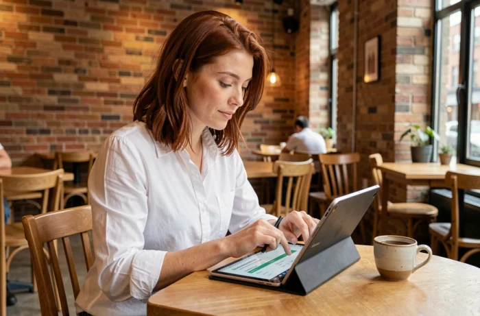 Femme utilisant une tablette pour enregistrer un nom de domaine OVH dans un café moderne