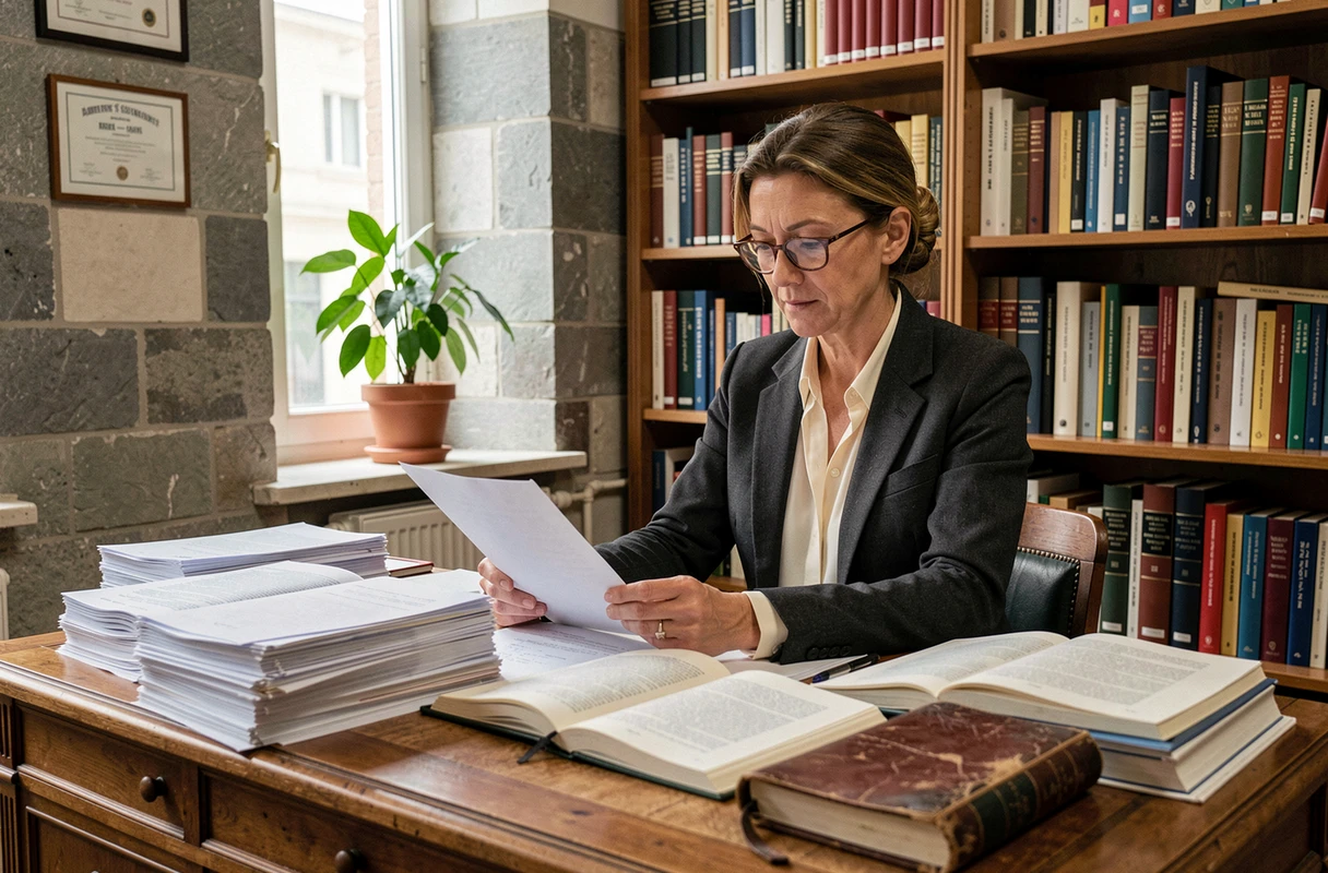Enseignante de prépa corrigeant des copies dans un bureau de lycée parisien avec des livres académiques