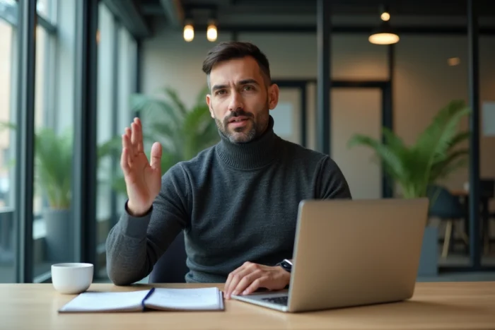 Entrepreneur innovant expliquant une idée avec passion dans un espace de coworking contemporain