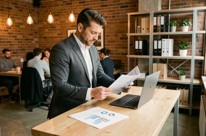 Entrepreneur concentré consultant un dossier de services professionnels dans un espace de coworking moderne