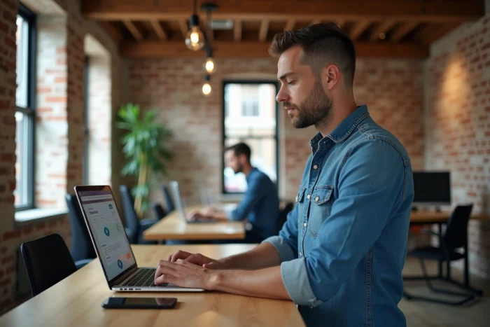 Entrepreneur masculin travaillant sur la conception d'un site web professionnel dans un espace de co-working moderne