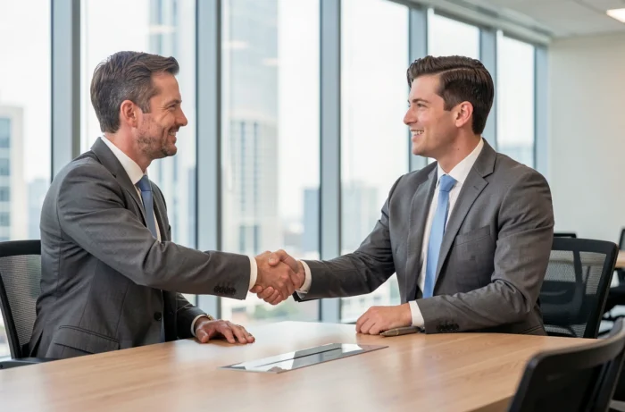 Homme en entretien d'embauche serrant la main d'un recruteur dans un bureau moderne