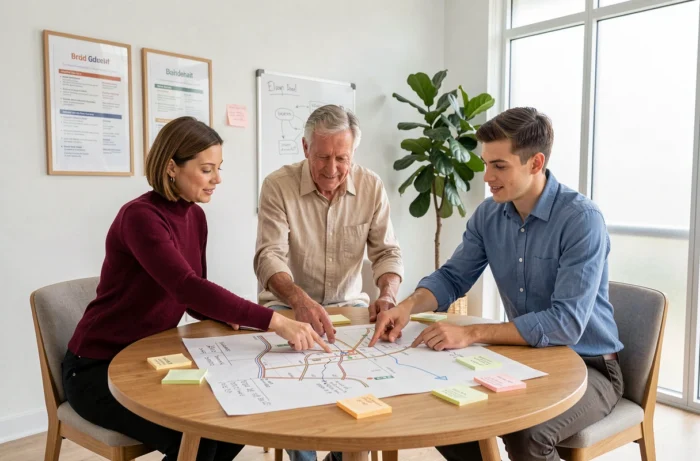 Équipe de trois professionnels collaborant autour d'un plan de services sur-mesure dans un bureau moderne et minimaliste