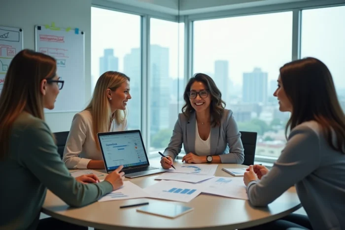 Équipe d'entreprise en réunion autour d'une stratégie cloud computing avec documents et ordinateur portable en salle de conférence