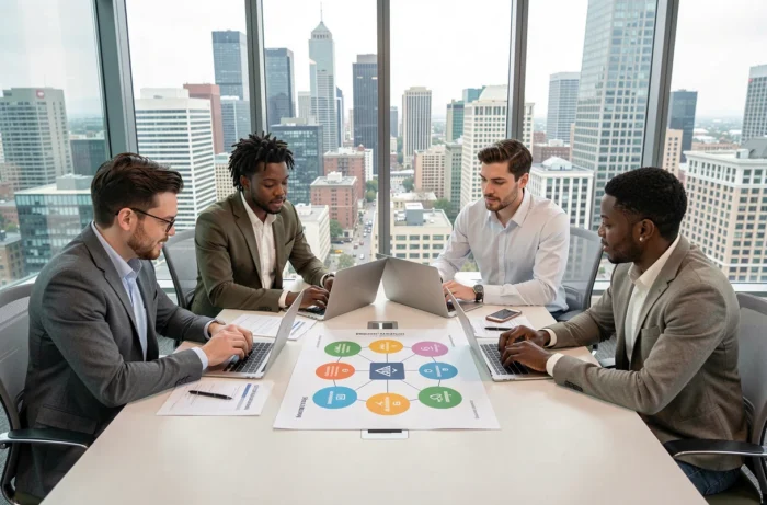 Équipe marketing collaborative analysant la stratégie 8P autour d'une table de réunion avec des documents imprimés