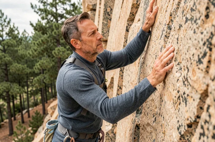 Homme en escalade sur paroi granitique naturelle en extérieur avec harnais technique lors d'un stage outdoor