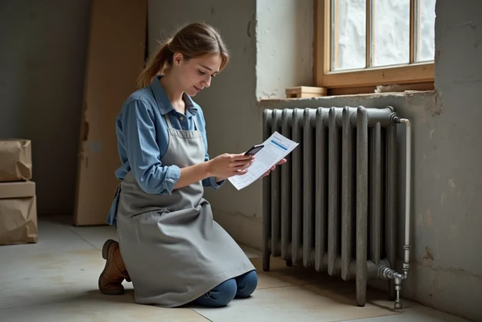 Femme consultant une fiche technique sur smartphone pour estimer le poids d'un radiateur en fonte dans une pièce en rénovation
