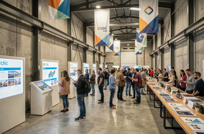 Événement de présentation publique des projets 2024 de D'clic Lab dans un hall industriel rénové avec visiteurs et expositions interactives