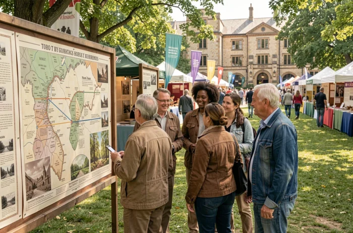 Groupe de personnes découvrant une exposition en plein air sur le patrimoine historique et la généalogie lors d'un festival culturel