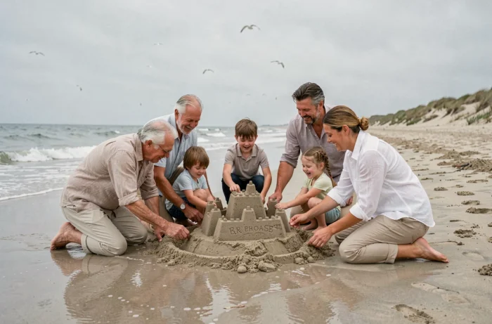 Famille multigénérationnelle construisant un château de sable sur la plage, moment de complicité en vacances au bord de la mer