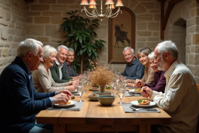 Famille réunie autour d'une table en bois dans une salle à manger rustique chaleureuse