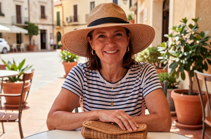 Femme souriante avec chapeau de paille, boucles d'oreilles dorées et pochette en rotin attablée sur une terrasse méditerranéenne ensoleillée