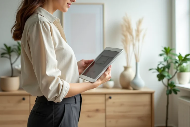 Femme utilisant une application de décoration intérieure sur tablette dans un salon de style scandinave épuré