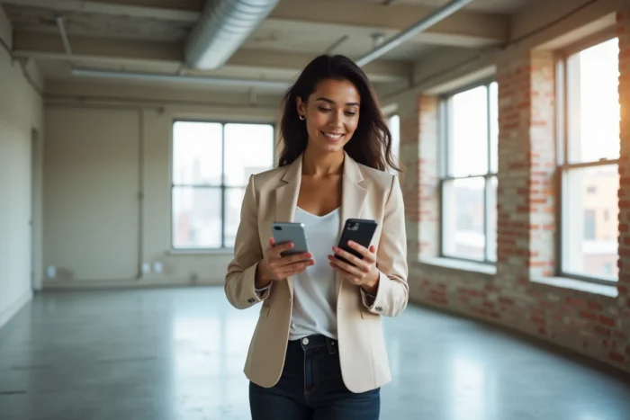 Femme utilisant une application mobile de visite guidée immobilière interactive dans un appartement vide aux grandes fenêtres urbaines