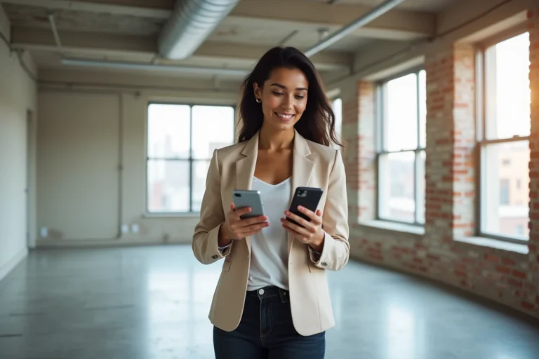 Femme utilisant une application mobile de visite guidée immobilière interactive dans un appartement vide aux grandes fenêtres urbaines
