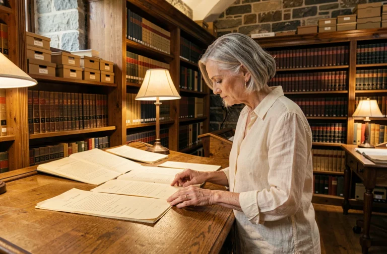 Femme examinant des documents d'archives anciens dans une bibliothèque patrimoniale avec des registres en cuir et des murs en pierre