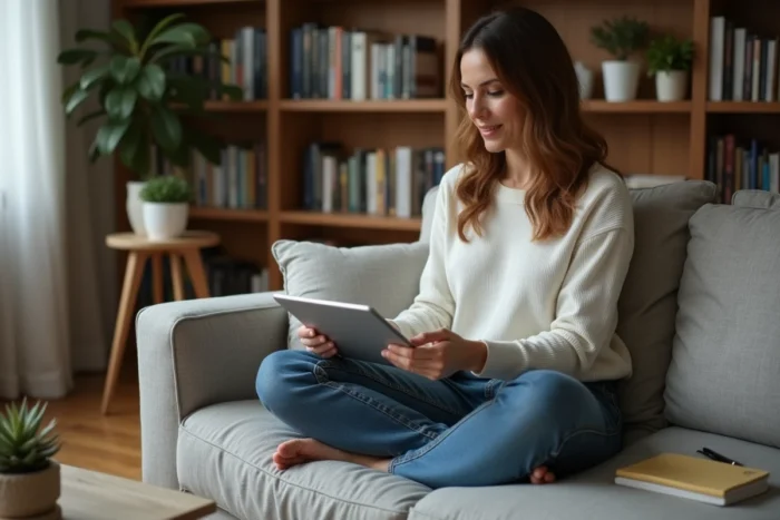 Femme auto-entrepreneuse planifiant le développement de son activité en ligne depuis son salon