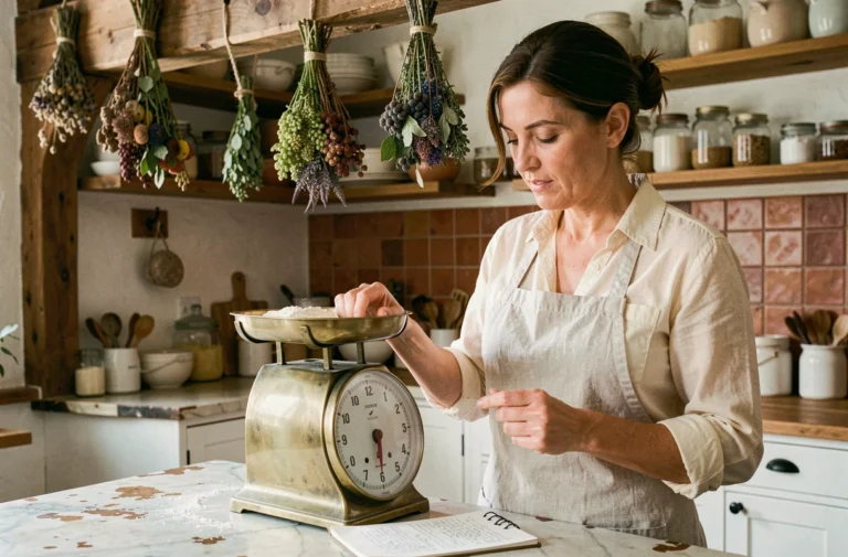 Femme utilisant une balance de cuisine vintage pour peser de la farine selon une recette, dans une cuisine rustique avec étagères en bois et bocaux en céramique