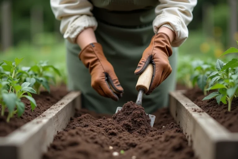 Femme utilisant une binette pour biner entre les rangées de légumes dans un potager bien entretenu
