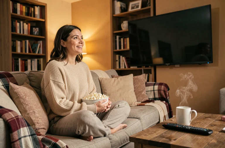 Femme détendue sur un canapé avec du popcorn regardant la télévision lors d'une soirée cosy à la maison