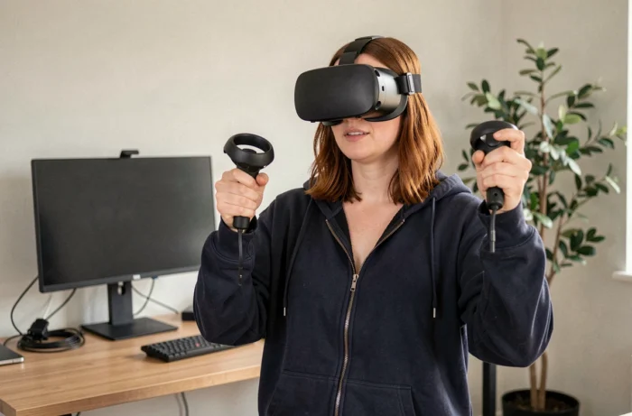 Femme utilisant un casque VR Pico 5 dans un bureau à domicile moderne avec manettes