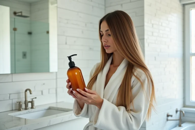 Femme aux cheveux lisses après un lissage brésilien tenant un flacon de shampoing dans une salle de bain moderne