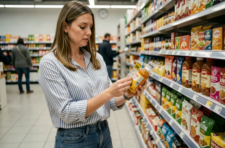 Femme comparant les prix de produits alimentaires dans un supermarché pour faire des économies au quotidien