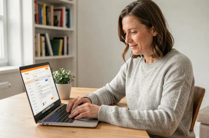 Femme consultant ses emails Orange Mail sur un ordinateur portable dans un bureau à domicile moderne