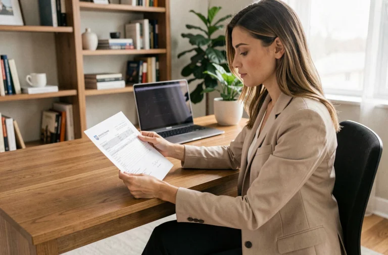 Femme consultant un contrat de location immobilière à son bureau dans un cadre professionnel
